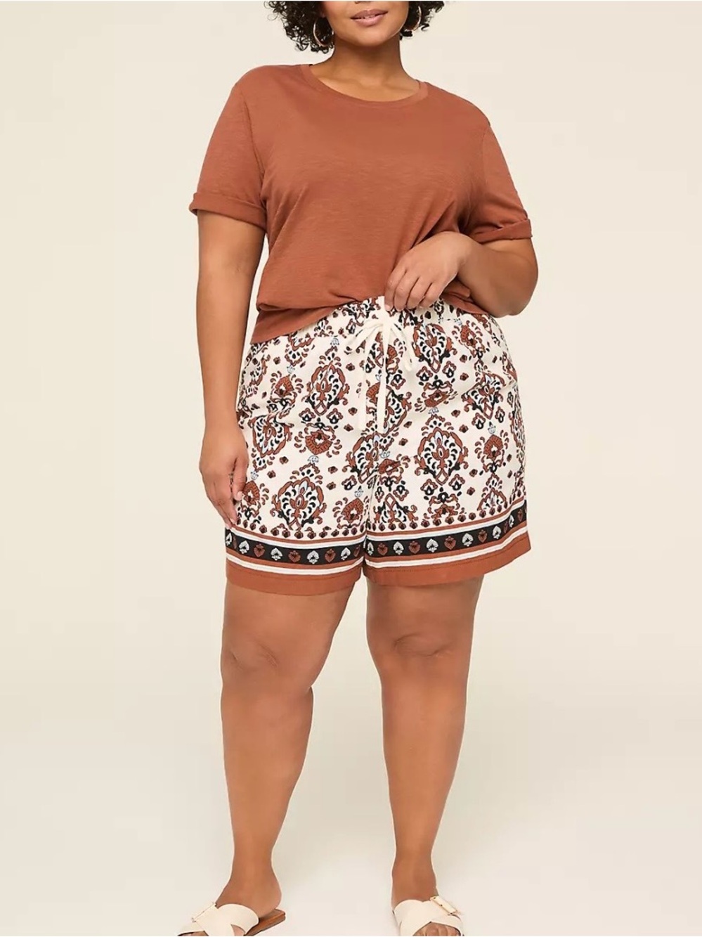 Lane Bryant Pull-On Flowy Shorts Boho Brown White Drawstring Plus Size 14/16